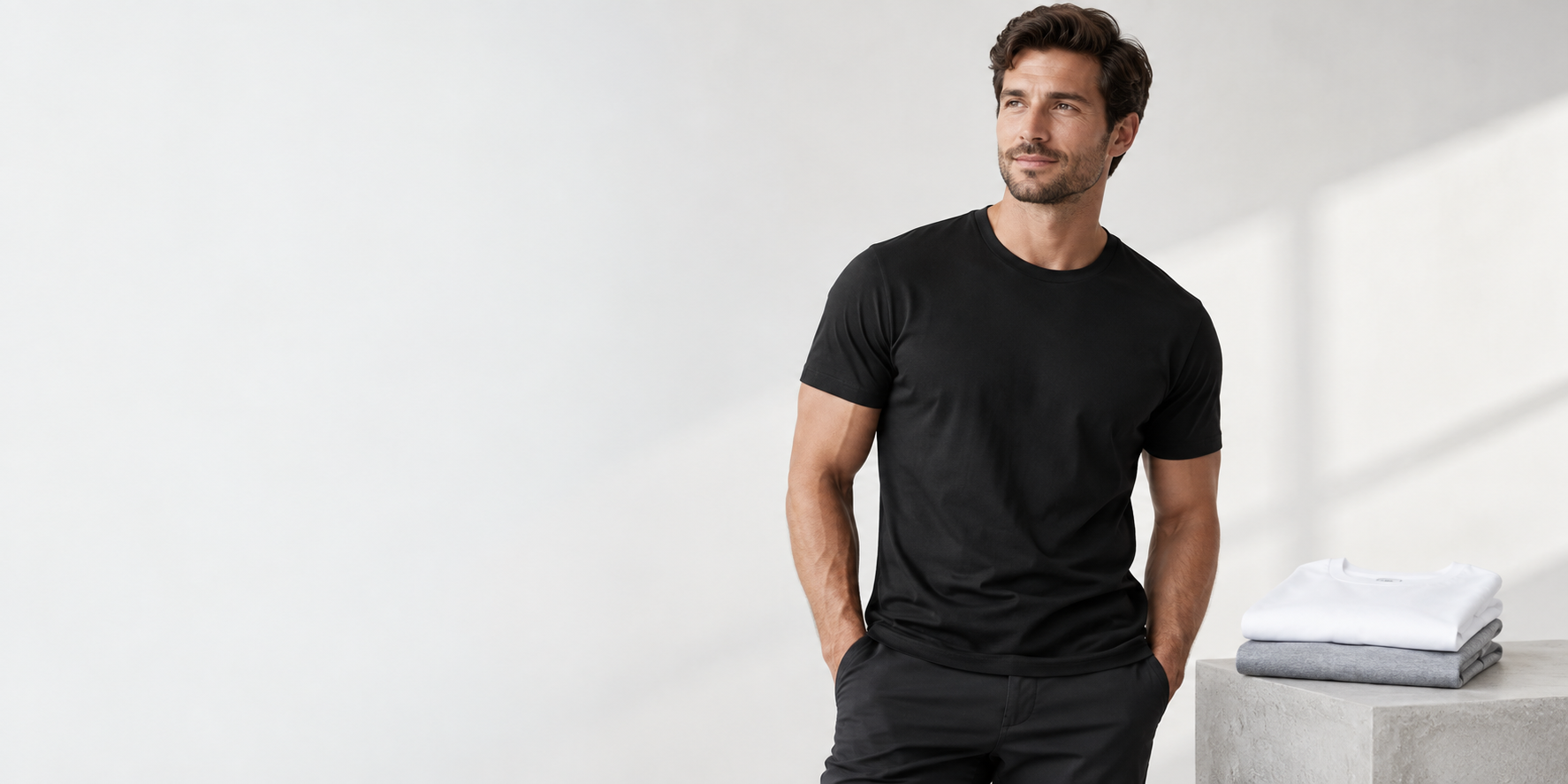 Black cotton T-shirt worn with dark trousers, beside folded white and gray shirts